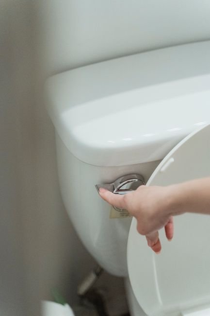 Emergency Unblocking Close-up of a hand flushing a modern toilet, emphasizing hygiene and water conservation.